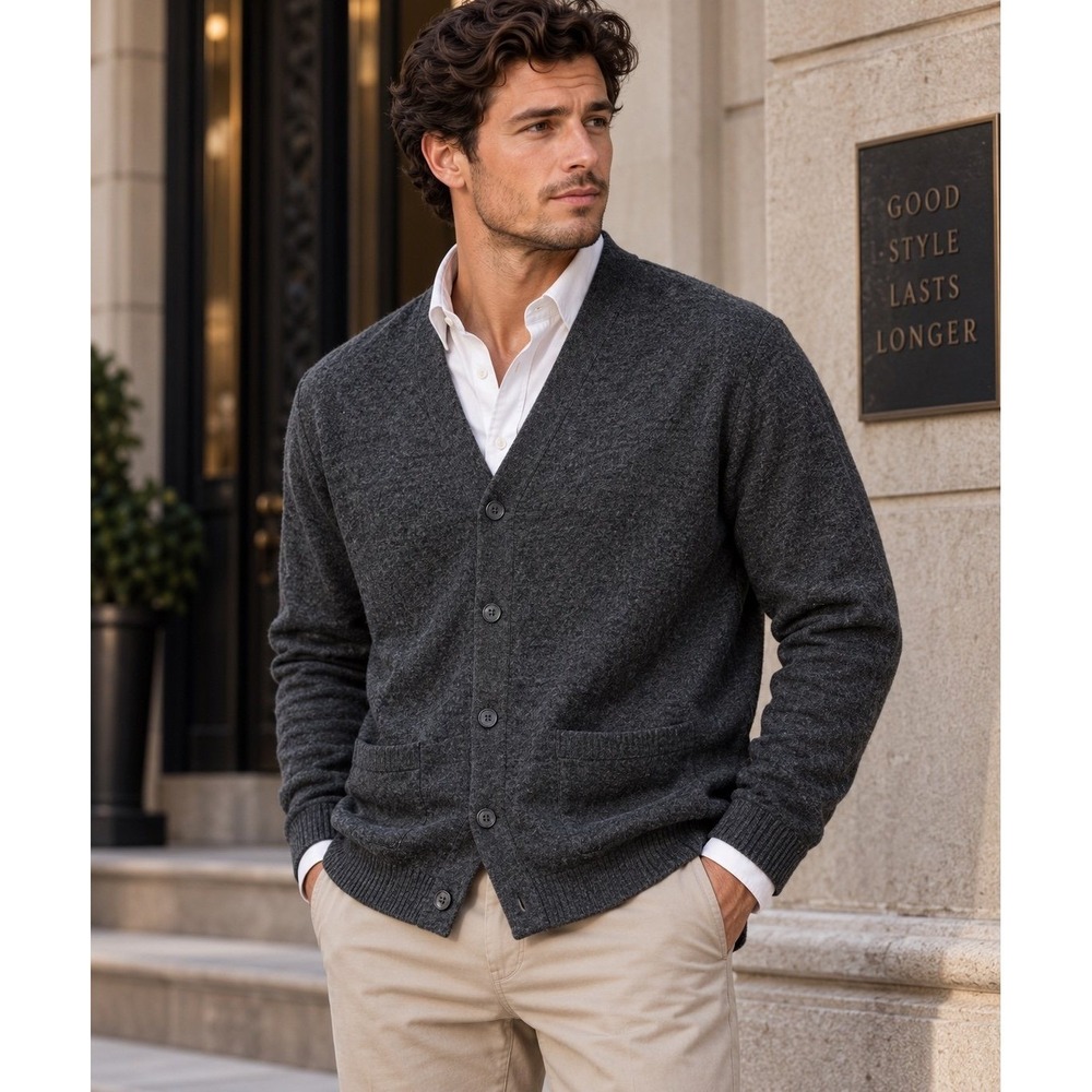 John Ashford Men's XL 100% Wool Charcoal Gray Cardigan Sweater Button Front